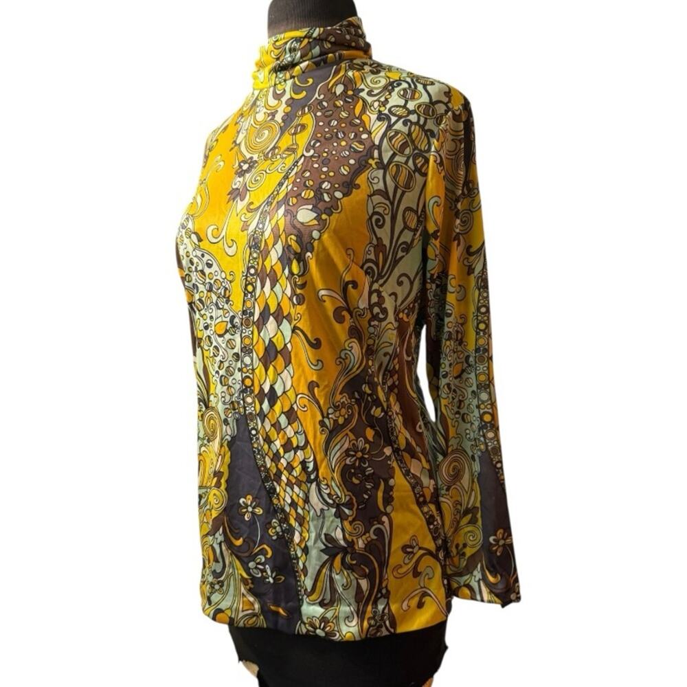 Vtg 70s Paisley Floral Groovy Boho Mockneck Top Womens Size L Retro Maximalist